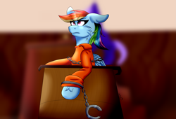 Size: 4529x3081 | Tagged: safe, artist:yathepon7, derpibooru import, rainbow dash, pegasus, pony, angry, bound wings, chains, clothes, courtroom, cuffs, frustrated, never doubt rainbowdash69's involvement, prison outfit, prisoner, prisoner rd, shackles, solo