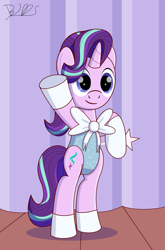 Size: 1537x2330 | Tagged: safe, artist:trackheadtherobopony, starlight glimmer, pony, unicorn, bipedal, bow, clothes, cute, female, glimmerbetes, leotard, signature, solo, standing up, wand