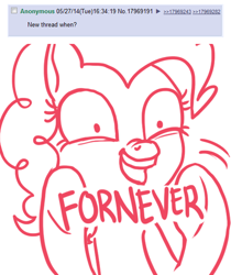 Size: 500x595 | Tagged: safe, artist:mcponyponypony, pinkie pie, earth pony, pony, /mlp/, forever, fornever, monochrome, never, one word, reply, scrunchy face, solo, wat