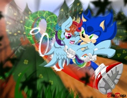 Size: 894x695 | Tagged: safe, artist:brodogz, derpibooru import, rainbow dash, pegasus, pony, a new dawn, bridal carry, carrying, crossover, crossover shipping, fanfic, fanfic art, messy mane, motion blur, shipping, sonic the hedgehog, sonic the hedgehog (series), sonicdash