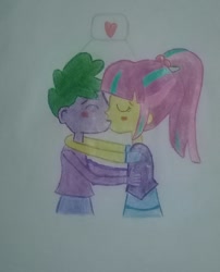 Size: 1276x1582 | Tagged: safe, sour sweet, spike, equestria girls, hug, human spike, kissing, shipping, sourspike, spike gets all the crystal prep, spike gets all the equestria girls, traditional art