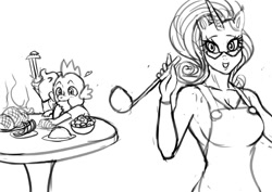 Size: 842x595 | Tagged: safe, artist:franschesco, rarity, spike, anthro, breasts, eating, female, food, glasses, monochrome, pixiv, raritits