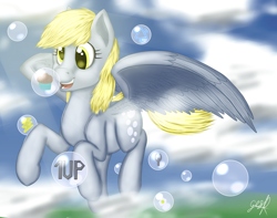 Size: 1280x1009 | Tagged: safe, artist:rtg2100, derpy hooves, pegasus, pony, bubble, female, food, lightning, mare, muffin, solo
