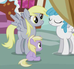 Size: 465x435 | Tagged: safe, screencap, derpy hooves, dinky hooves, lightning bolt, white lightning, pegasus, pony, the one where pinkie pie knows, cropped, eyes closed, female, mare, ponies standing next to each other, sitting, smiling