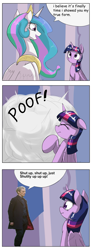 Size: 1737x4737 | Tagged: safe, artist:otakuap edit, princess celestia, twilight sparkle, twilight sparkle (alicorn), alicorn, pony, celestia's true form, character to character, comic, doctor who, exploitable meme, female, mare, meme, peter capaldi, twelfth doctor