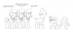 Size: 1624x720 | Tagged: safe, artist:carnifex, idw, cloverleaf, diamante elegante, excel (character), outlook (character), powerpoint (character), rarity, earth pony, pony, unicorn, spoiler:comic, spoiler:comic29, spoiler:comicff15, female, mare, monochrome, wrestling