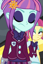 Size: 735x1080 | Tagged: safe, screencap, sour sweet, sunny flare, equestria girls, clothes, cropped, crystal prep academy uniform, eyes closed, eyeshadow, female, freckles, lidded eyes, makeup, school uniform, sunny flare's wrist devices, vest