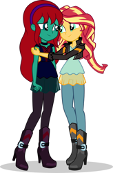 Size: 656x998 | Tagged: safe, artist:mlp-trailgrazer, sunset shimmer, oc, oc:harmony dancer, equestria girls, clothes, equestria girls-ified, hug, jacket, leather jacket, pants, simple background, transparent background, vector