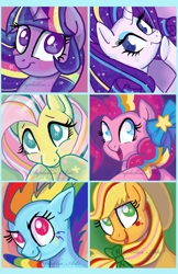 Size: 1024x1583 | Tagged: safe, artist:sophillia, derpibooru import, applejack, fluttershy, pinkie pie, rainbow dash, rarity, twilight sparkle, alicorn, earth pony, pegasus, pony, unicorn, bow, female, looking at you, mane six, mare, rainbow ponies, rainbow power