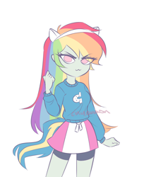 Size: 1000x1226 | Tagged: safe, artist:cinyanmon, derpibooru import, rainbow dash, human, equestria girls, :3, clothes, compression shorts, cute, eyelashes, female, fist, frown, jumper, looking at you, miniskirt, moe, shorts, simple background, skirt, solo, sweater, watermark, white background