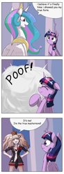 Size: 1737x4737 | Tagged: safe, artist:otakuap edit, princess celestia, twilight sparkle, twilight sparkle (alicorn), alicorn, human, pony, celestia's true form, character to character, comic, crown, danganronpa, exploitable meme, female, jewelry, junko enoshima, mare, mastermind, meme, regalia, what a twist