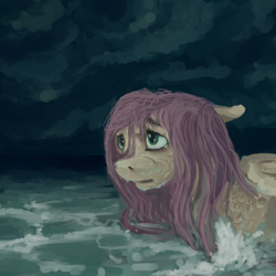 Size: 4000x4000 | Tagged: safe, artist:celestiawept, fluttershy, pegasus, pony, bust, dark, floppy ears, looking up, ocean, solo, water, wet mane