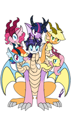 Size: 720x1280 | Tagged: safe, artist:christomwow, derpibooru import, applejack, fluttershy, pinkie pie, rainbow dash, rarity, twilight sparkle, hydra, appleflaritwidashpie, ask hydra mane 6, fusion, hydra pony, hydrafied, mane six, mane six hydra, multiple heads, simple background, six heads, species swap, this isn't even my final form, tiamat, transparent background, we have become one, what has science done, you need me