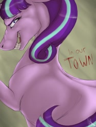 Size: 768x1024 | Tagged: safe, artist:catlovergirl, artist:rubenite, starlight glimmer, pony, abstract background, evil grin, female, grin, hoers, horse teeth, looking at you, mare, narrowed eyes, smiling, solo, text