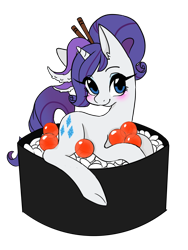 Size: 600x800 | Tagged: safe, artist:homeya, rarity, pony, unicorn, chopsticks in hair, cute, daaaaaaaaaaaw, egg, ikura, nigiri, ponies in food, salmon, salmon egg, solo, sushi, sushi pony, tentacles