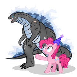 Size: 1200x1200 | Tagged: safe, artist:pixelkitties, pinkie pie, earth pony, kaiju, pony, bandaid, crossover, godzilla, godzilla (series), godzilla 2014, hat, open mouth, party hat, pointing, simple background, smiling, transparent background, wide eyes