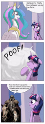 Size: 1737x4737 | Tagged: safe, artist:otakuap edit, princess celestia, twilight sparkle, twilight sparkle (alicorn), alicorn, pony, berserk, celestia's true form, character to character, comic, exploitable meme, female, mare, meme, skull knight