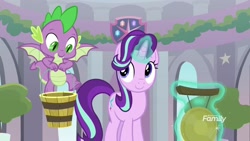 Size: 1920x1080 | Tagged: safe, screencap, spike, starlight glimmer, dragon, pony, unicorn, a matter of principals, bucket, flying, glowing horn, gong, magic, telekinesis, winged spike