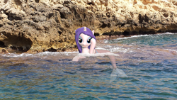Size: 4128x2322 | Tagged: safe, artist:s80lar, rarity, mermaid, merpony, 3d, irl, looking at you, ponies in real life, rock, source filmmaker, water, wet, wet mane, wet mane rarity