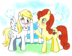 Size: 2368x1864 | Tagged: safe, artist:its-raining-clouds, carrot top, derpy hooves, golden harvest, pegasus, pony, blushing, derpytop, female, lesbian, letter, love letter, mare, shipping