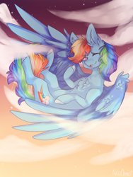 Size: 768x1024 | Tagged: safe, artist:akiiichaos, derpibooru import, rainbow dash, pegasus, pony, chest fluff, cloud, female, flying, mare, one eye closed, redraw, signature, sky, solo, stars, tongue out, unshorn fetlocks, wink