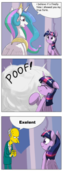 Size: 1024x2780 | Tagged: safe, artist:otakuap edit, princess celestia, twilight sparkle, twilight sparkle (alicorn), alicorn, pony, celestia's true form, character to character, charles montgomery burns, comic, crossover, exploitable meme, female, mare, meme, misspelling, mr. burns, scrunchy face, the simpsons, transformation, true form