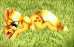 Size: 1500x940 | Tagged: safe, artist:mylittleberneri, applejack, earth pony, pony, apple, crying, grass, obligatory apple, prone, solo