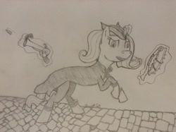 Size: 2592x1936 | Tagged: safe, artist:runner2, rarity, pony, unicorn, bloodborne, clothes, crossover, gun, hat, monochrome, sketch, sword, traditional art