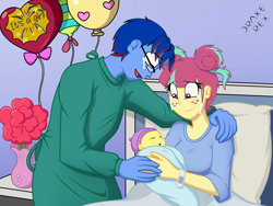 Size: 2000x1500 | Tagged: safe, artist:drake-rex, sour sweet, oc, oc:citrus flare, oc:sparks, equestria girls, baby, balloon, bed, canon x oc, commission, crying, female, glasses, hospital, male, offspring, parent:oc:sparks, parent:sour sweet, parents:canon x oc, parents:sourks, shipping, sourks, straight, tears of joy