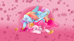 Size: 1920x1080 | Tagged: safe, artist:pinkablue, derpibooru import, edit, pinkie pie, rainbow dash, earth pony, pegasus, pony, ear fluff, eyes closed, female, flower, flower in hair, lesbian, mare, pinkiedash, shipping, wallpaper, wallpaper edit