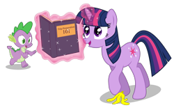 Size: 6000x3789 | Tagged: safe, artist:masem, derpibooru import, spike, twilight sparkle, dragon, absurd resolution, banana, book, simple background, transparent background, vector