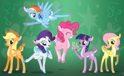 Size: 2000x1242 | Tagged: safe, artist:sirzi, derpibooru import, applejack, fluttershy, pinkie pie, rainbow dash, rarity, twilight sparkle, deer, original species, peryton, cute, dashabetes, deerified, diapinkes, flutterdeer, fordeer, jackabetes, mane six, raribetes, shyabetes, species swap, twiabetes, vitrung