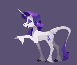 Size: 1059x897 | Tagged: safe, artist:enma-darei, rarity, classical unicorn, pony, unicorn, cloven hooves, eyes closed, eyeshadow, female, gray background, hoof fluff, leg fluff, leonine tail, makeup, mare, open mouth, raised hoof, simple background, smiling, solo, tail fluff, unshorn fetlocks