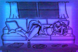 Size: 1974x1330 | Tagged: safe, artist:palmartz44, starlight glimmer, anthro, plantigrade anthro, aesthetic, aesthetics, bra strap, chill, clothes, hair, messy mane, panties, sleeping, sleepy, solo, tanktop, underwear, vaporwave