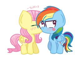 Size: 590x438 | Tagged: safe, artist:tuff--rubies, derpibooru import, fluttershy, rainbow dash, pegasus, pony, female, flutterdash, kissing, lesbian, shipping