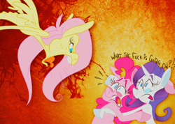 Size: 900x640 | Tagged: safe, artist:frostadflakes, fluttershy, pinkie pie, rarity, earth pony, pegasus, pony, unicorn, angry, crying, eye twitch, flying, lol, open mouth, sad, spread wings, tongue out, vulgar, wide eyes, yelling