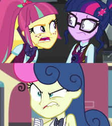 Size: 1280x1440 | Tagged: safe, edit, screencap, bon bon, sci-twi, sour sweet, sweetie drops, twilight sparkle, all's fair in love and friendship games, equestria girls, friendship games, bowtie, female, freckles, glasses, magic capture device, ponytail