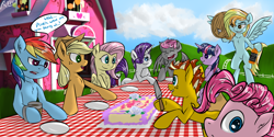 Size: 1280x640 | Tagged: safe, artist:drizziedoodles, derpibooru import, applejack, fluttershy, pinkie pie, rainbow dash, rarity, twilight sparkle, twilight sparkle (alicorn), oc, alicorn, earth pony, pegasus, pony, unicorn, cake, female, fourth wall, mane six, mare