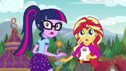 Size: 1280x720 | Tagged: safe, screencap, sci-twi, sunset shimmer, twilight sparkle, equestria girls, legend of everfree, ass, building, camp everfree outfits, clothes, gasp, gazebo, open mouth, shorts, twibutt