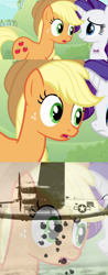 Size: 700x1789 | Tagged: safe, applejack, rarity, earth pony, pony, unicorn, friendship is witchcraft, bats!, apple, b-24, b-24 liberator, b-24d, bomber, comic, flashback, plane, ptsd, the war, thousand yard stare