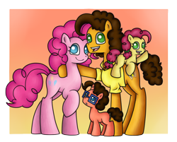 Size: 800x642 | Tagged: safe, artist:star-charm, cheese sandwich, pinkie pie, oc, oc:cherry frosting, oc:color flare, earth pony, pony, cheesepie, family, female, glasses, male, offspring, parent:cheese sandwich, parent:pinkie pie, parents:cheesepie, shipping, straight