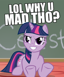 Size: 470x570 | Tagged: safe, derpibooru import, twilight sparkle, unicorn twilight, pony, unicorn, female, image macro, mare, meme, reaction image, solo, text, u mad