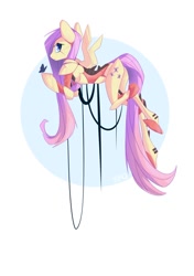 Size: 750x1065 | Tagged: safe, artist:pon-ee, fluttershy, butterfly, pegasus, pony, robot, flutterbot, flying, looking at you, looking back, solo, spread wings, wires