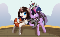 Size: 900x557 | Tagged: safe, artist:zelc-face, derpibooru import, twilight sparkle, twilight sparkle (alicorn), alicorn, pony, big crown thingy, bioshock infinite, elizabeth, female, guitar, mare, miyuki sawashiro, ponified, tyrant sparkle, voice actor joke, wall