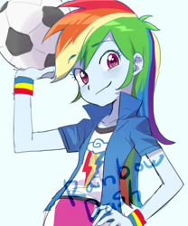 Size: 500x600 | Tagged: dead source, safe, artist:baekgup, derpibooru import, rainbow dash, equestria girls, autograph, football, looking at you, pose, smiling, solo