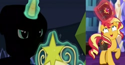 Size: 3914x2048 | Tagged: safe, screencap, sunset shimmer, pony, unicorn, equestria girls, equestria girls (movie), mirror magic, spoiler:eqg specials, animation error or intentional?, comparison, crystal empire, levitation, magic, magic glow, telekinesis, twilight's castle