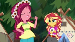 Size: 1280x720 | Tagged: safe, gloriosa daisy, sunset shimmer, equestria girls, legend of everfree, camp everfree outfits, clothes, duo, floral head wreath, flower, shorts, tent