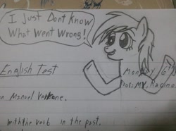 Size: 1024x763 | Tagged: safe, artist:juanv20, derpy hooves, pegasus, pony, cute, derp, derpabetes, female, lined paper, mare, monochrome, school, solo, test, traditional art