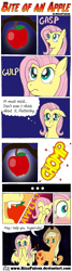 Size: 519x1932 | Tagged: safe, artist:ricepoison, applejack, fluttershy, bat pony, pony, bats!, apple, biting, comic, flutterbat, flutterbat biting applejack, race swap