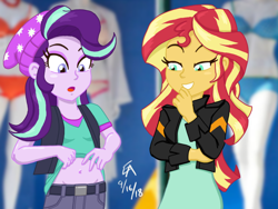 Size: 1024x768 | Tagged: safe, artist:mayorlight, starlight glimmer, sunset shimmer, equestria girls, mirror magic, spoiler:eqg specials, beanie, belly button, clothes, digital art, hat, mannequin, midriff, open mouth, shirt, shirt lift, smiling, stock photo